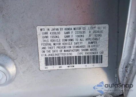 2007 Acura Tsx z USA, uszkodzony, nr VIN JH4CL96877C013793